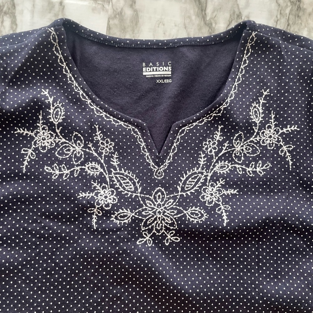 Basic Editions Women’s  Size 2X Navy Polka Dot Floral Embroidered Long Sleeve
